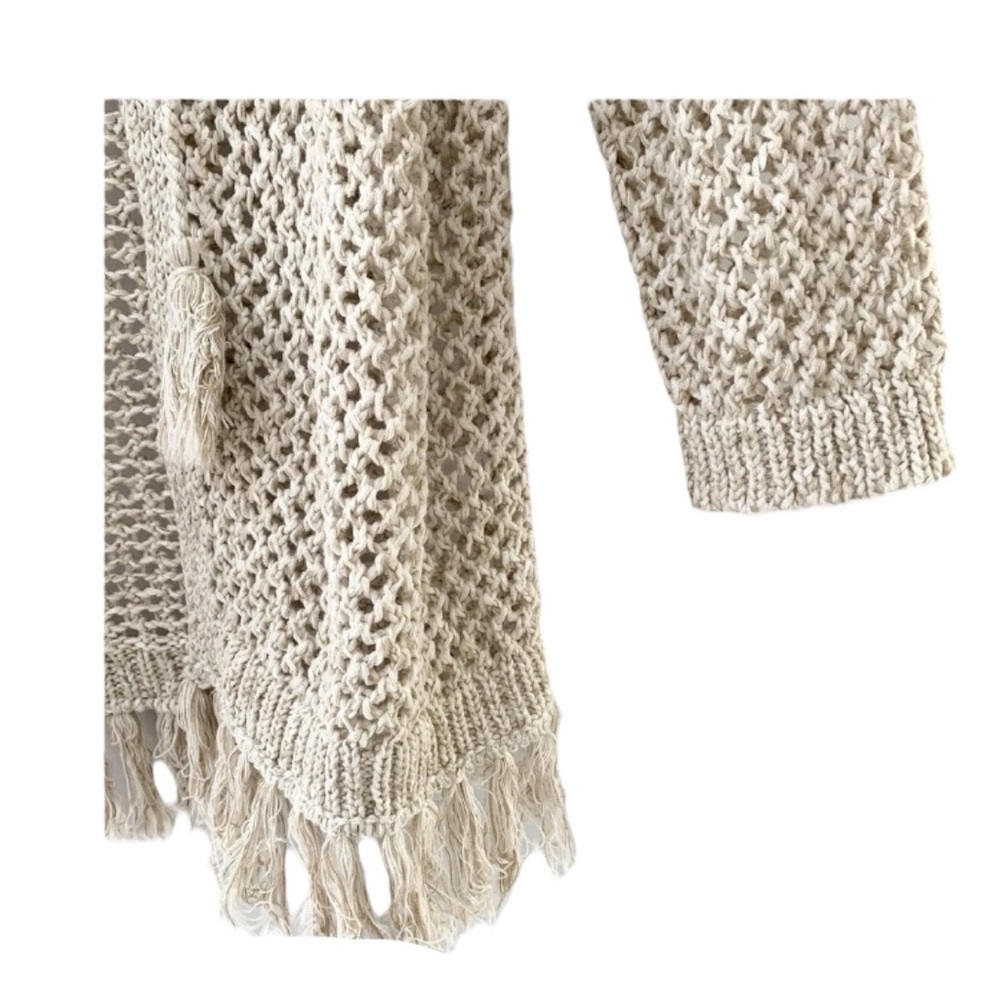 J.Jill Beige Open Flax Knit Fringe Cardigan Sweater Hood Tie Front Size M - Picture 6 of 10
